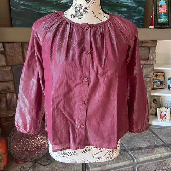 NWOT Cat & Jack Buttoned Front Long Sleeve Shiny Blouse Burgundy M 7/8 - Picture 1 of 15